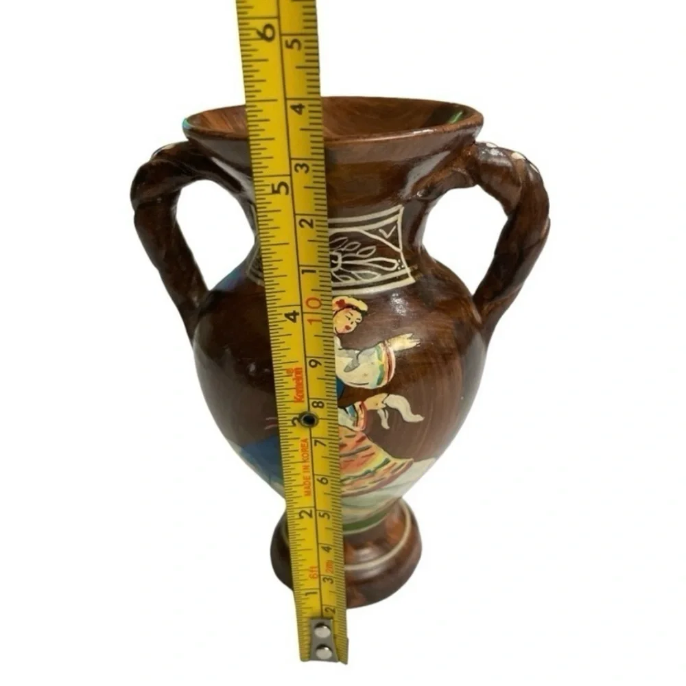Vintage Signed Handmade Greek Pottery Vase Woman Double Handle Made in Greece